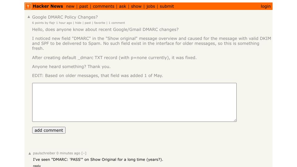 Screenshot of Hacker News post: Google DMARC Policy Changes?
