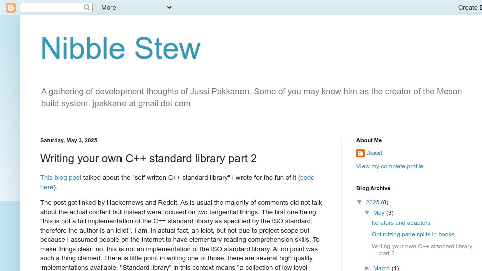 Screenshot of nibblestew.blogspot.com: Writing your own C++ standard library part 2