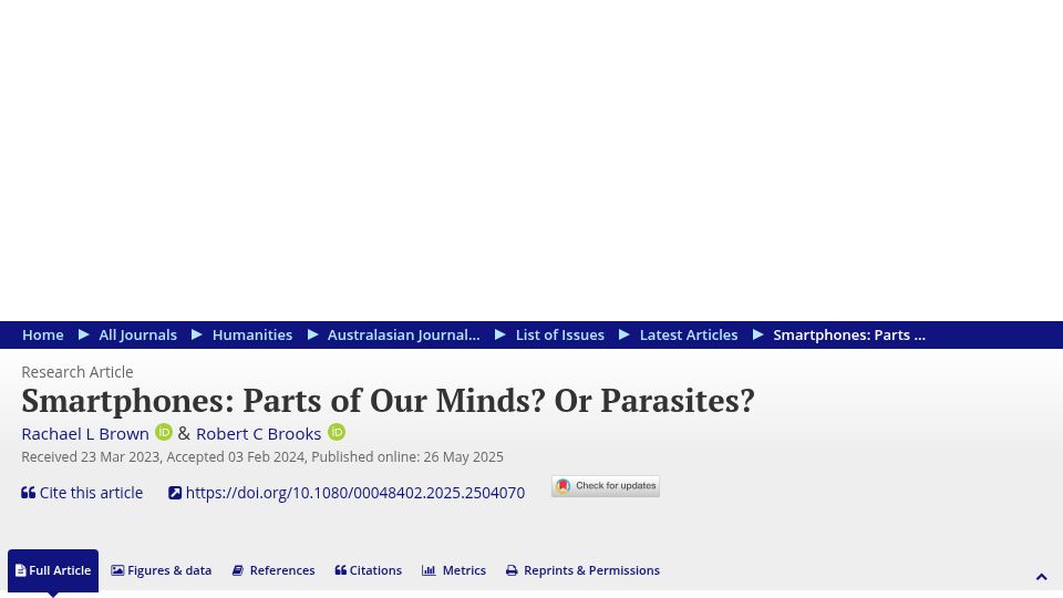 Screenshot of tandfonline.com: Smartphones: Parts of Our Minds? Or Parasites?