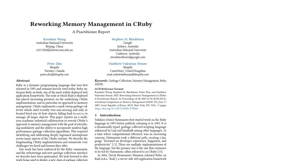 Screenshot of blog.peterzhu.ca: Reworking Memory Management in CRuby [pdf]