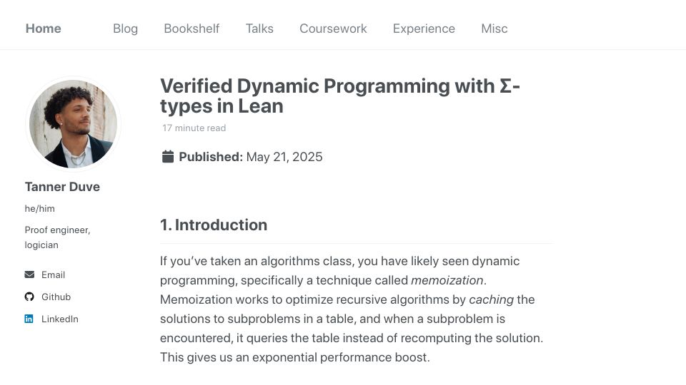 Screenshot of tannerduve.github.io: Verified dynamic programming with Σ-types in Lean