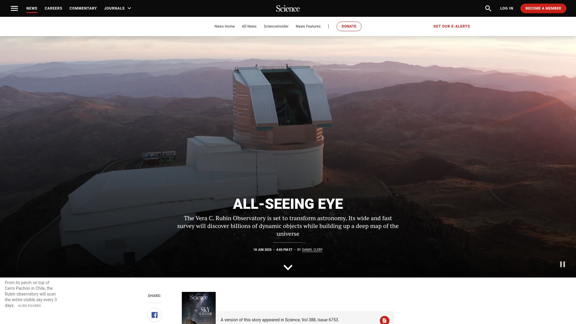 Screenshot of science.org: Giant, all-seeing telescope is set to revolutionize astronomy