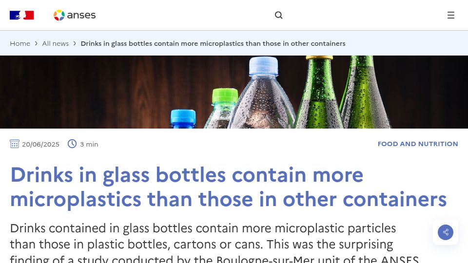 Screenshot of anses.fr: Drinks in glass bottles contain more microplastics than those in other container