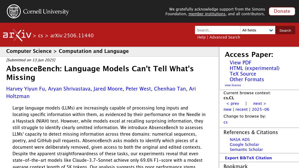Screenshot of arxiv.org: AbsenceBench: Language models can't tell what's missing