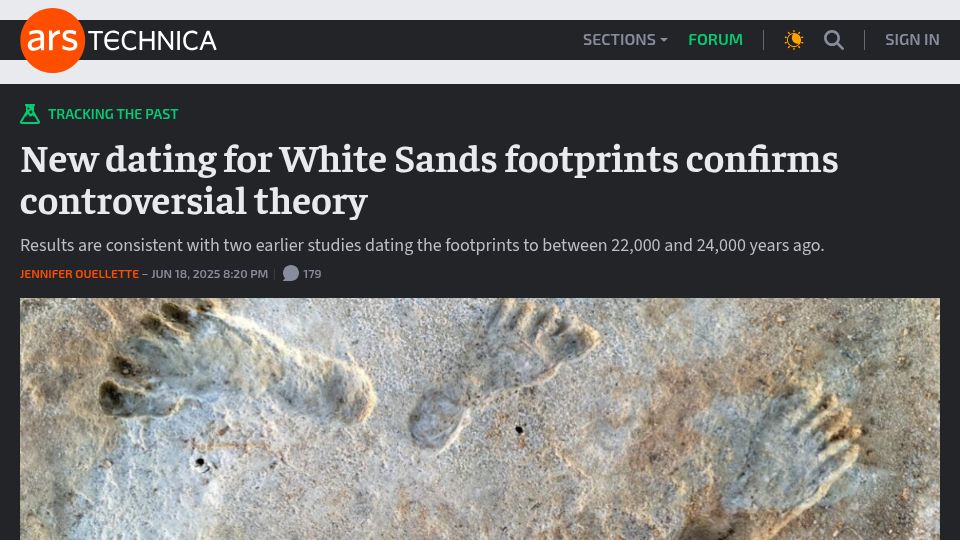 Screenshot of arstechnica.com: New dating for White Sands footprints confirms controversial theory