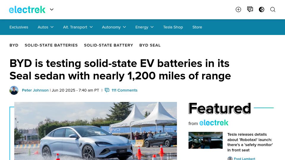 Screenshot of electrek.co: BYD begins testing solid-state EV batteries in the Seal