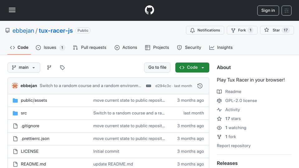 Screenshot of github.com: Tuxracer.js play Tux Racer in the browser