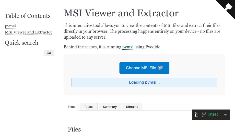 Screenshot of pymsi.readthedocs.io: Show HN: Inspect and extract files from MSI installers directly in your browser