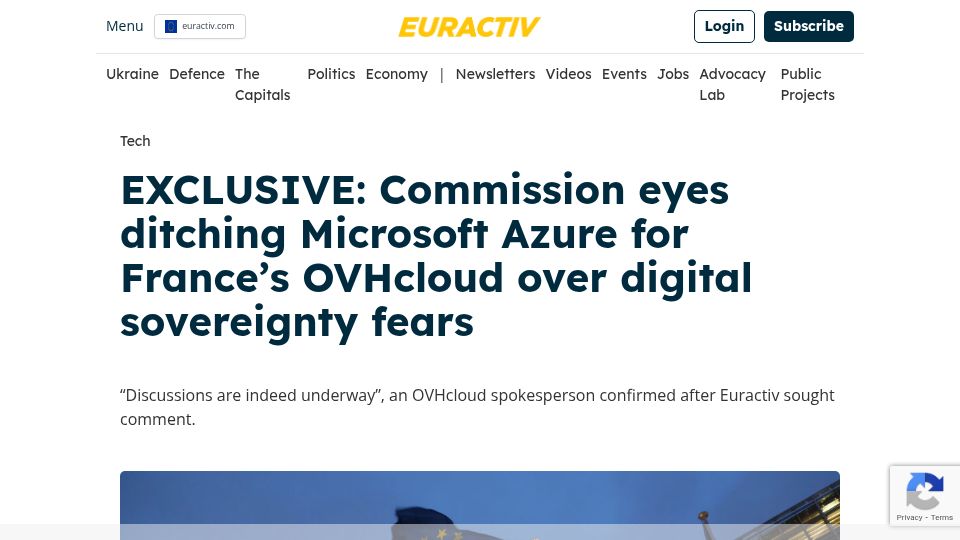 Screenshot of euractiv.com: EU Eyes Ditching Microsoft Azure for France's OVHcloud