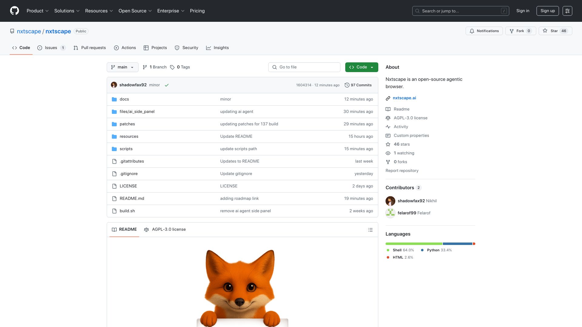 Screenshot of github.com: Show HN: Nxtscape – an open-source agentic browser