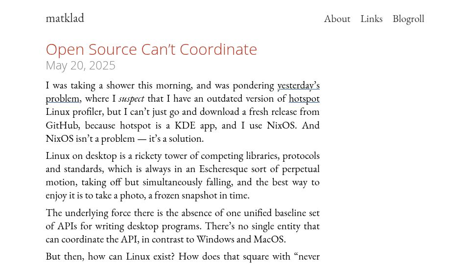 Screenshot of matklad.github.io: Open source can't coordinate?