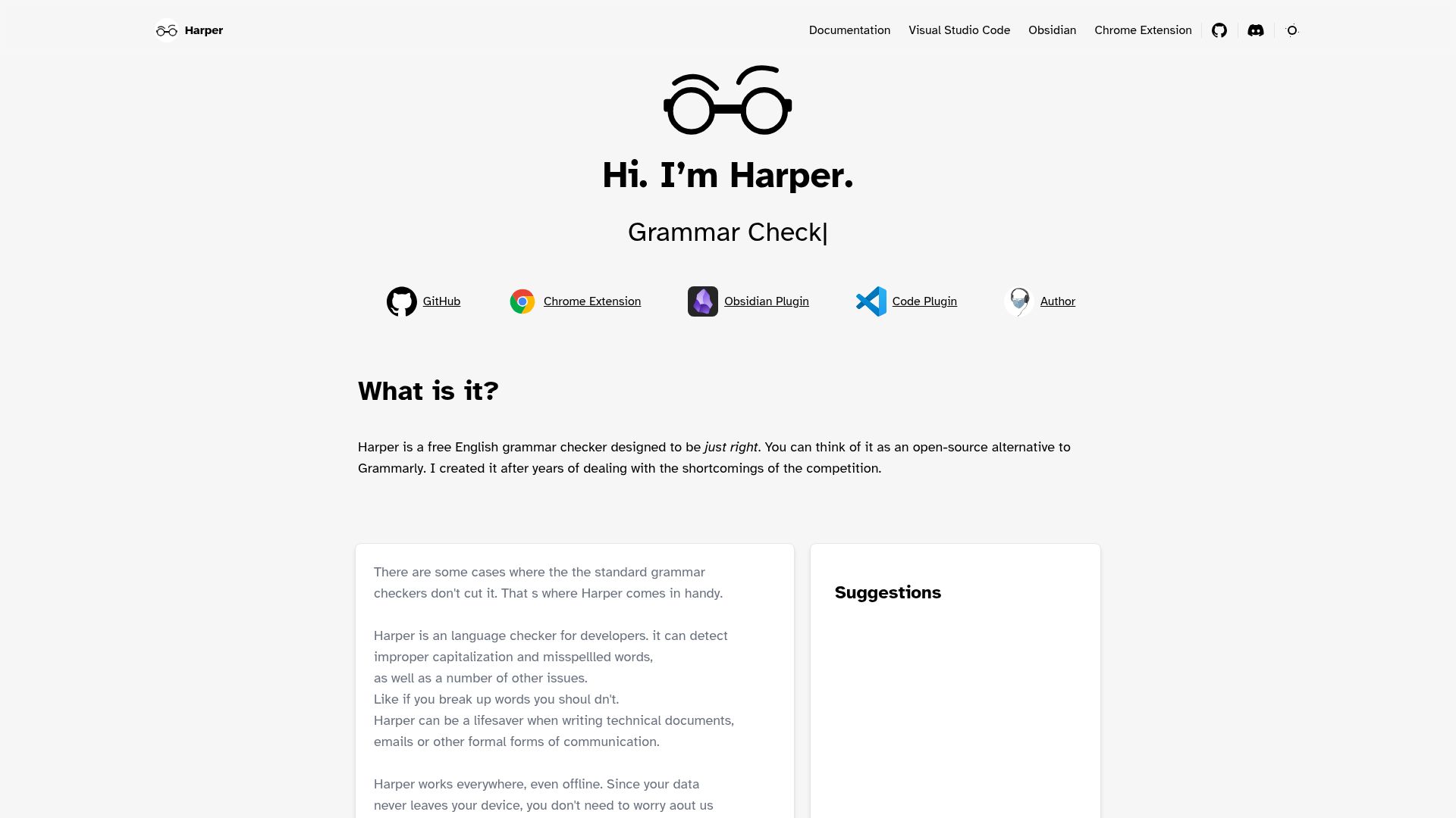 Screenshot of writewithharper.com: Harper – an open-source alternative to Grammarly
