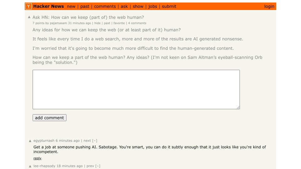 Screenshot of Hacker News post: Ask HN: How can we keep (part of) the web human?