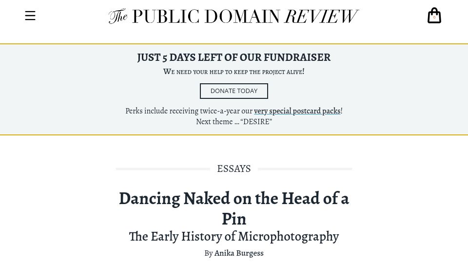 Screenshot of publicdomainreview.org: Dancing Naked on the Head of a Pin: The Early History of Microphotography