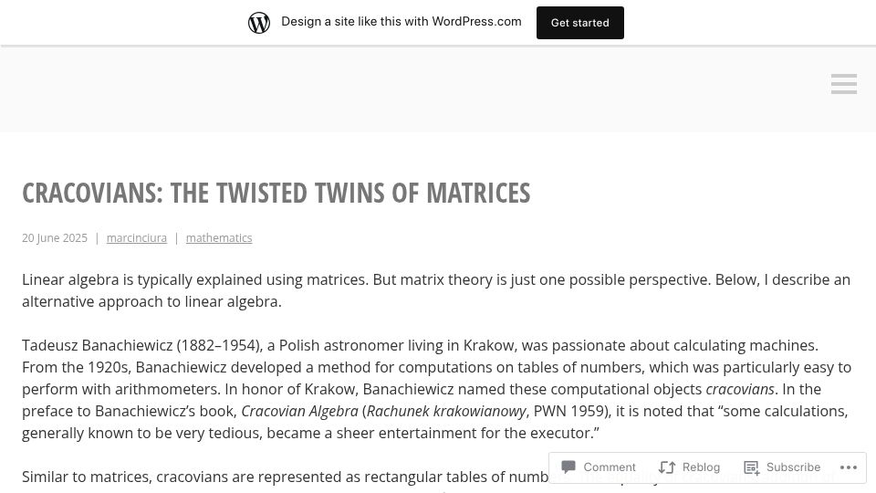 Screenshot of marcinciura.wordpress.com: Cracovians: The Twisted Twins of Matrices