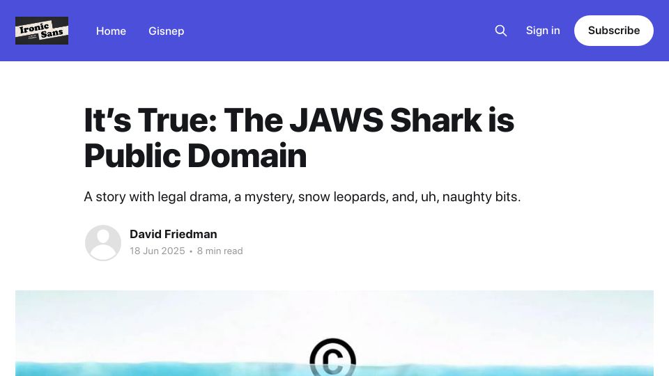 Screenshot of ironicsans.ghost.io: The JAWS shark is public domain