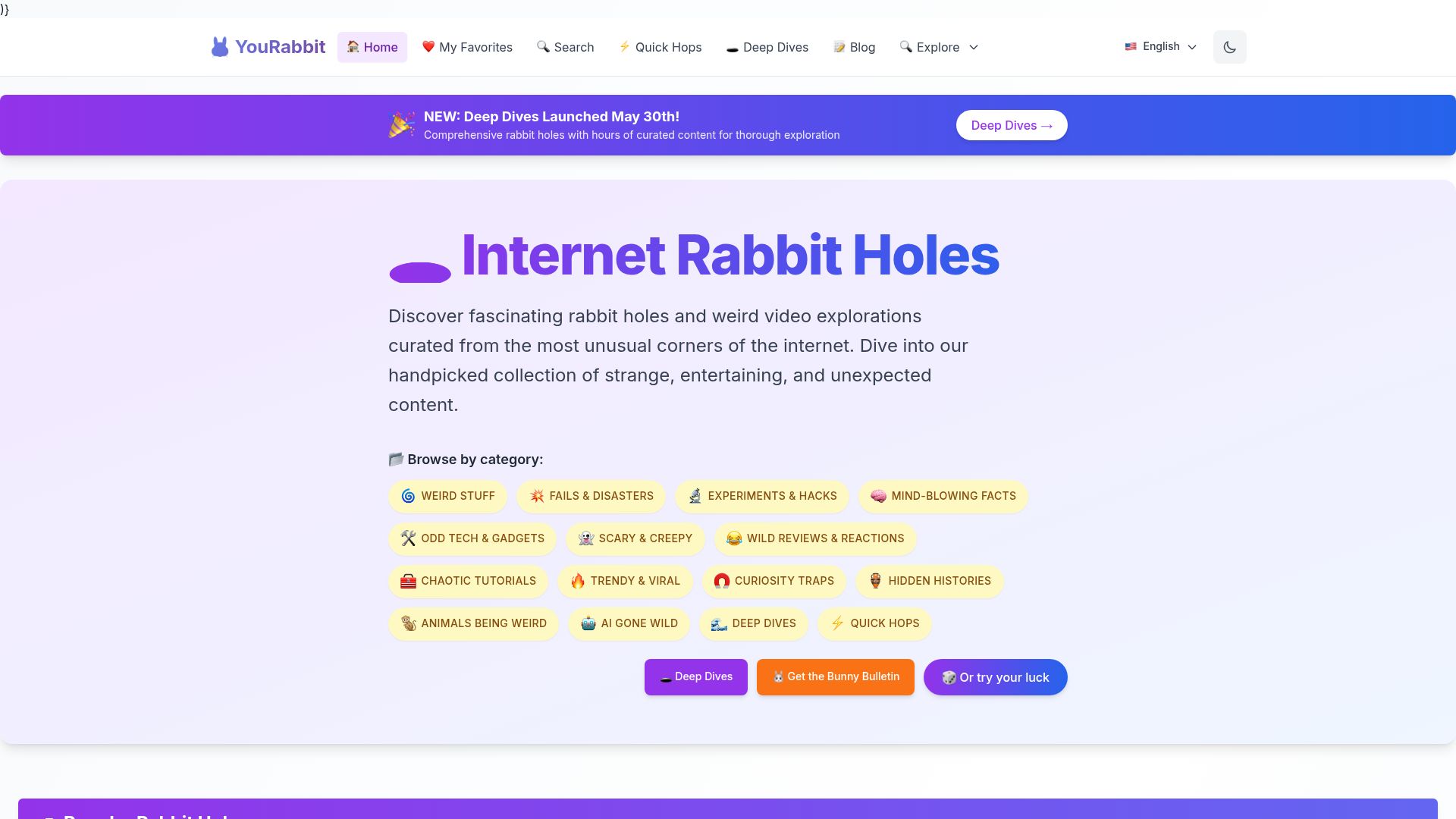 Screenshot of yourabbit.com: Show HN: I Built a Site That Curates Weird YouTube Rabbit Holes Daily