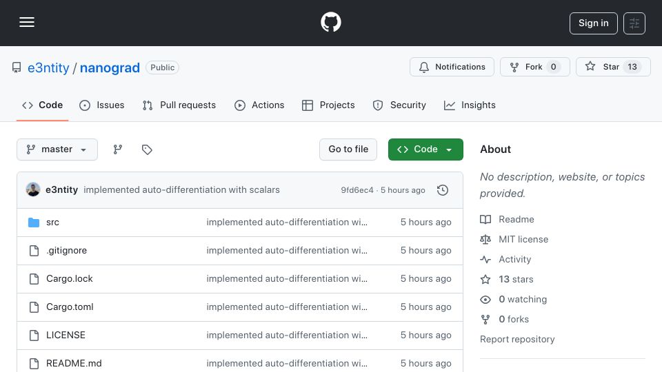 Screenshot of github.com: Minimal auto-differentiation engine in Rust