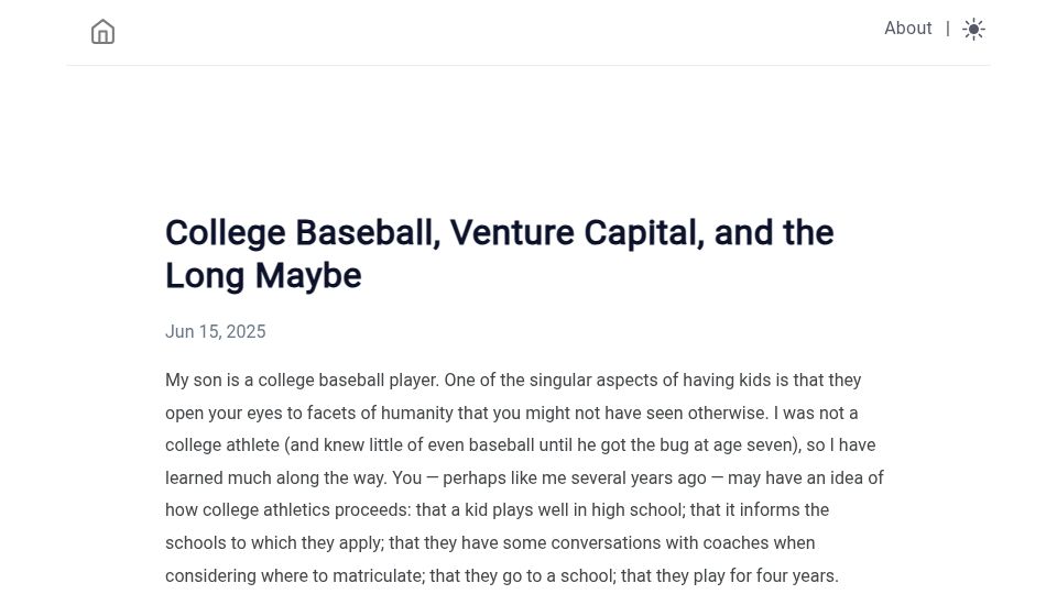 Screenshot of bcantrill.dtrace.org: College baseball, venture capital, and the long maybe