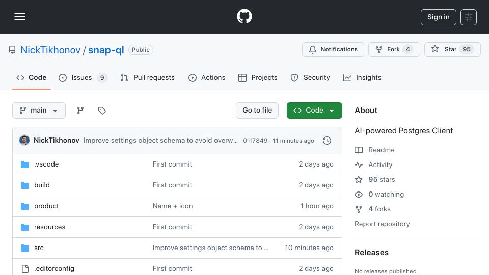 Screenshot of github.com: Show HN: SnapQL – Desktop app to query Postgres with AI