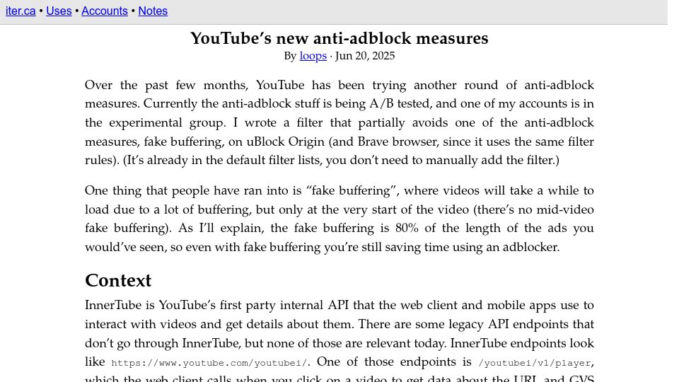 Screenshot of iter.ca: YouTube's new anti-adblock measures