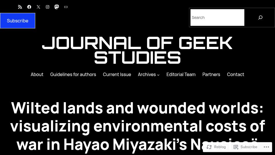 Screenshot of jgeekstudies.org: Visualizing environmental costs of war in Hayao Miyazaki's Nausicaä