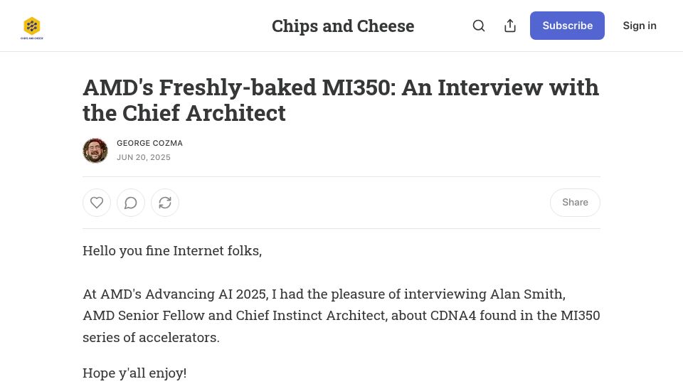 Screenshot of chipsandcheese.com: AMD's Freshly-Baked MI350: An Interview with the Chief Architect