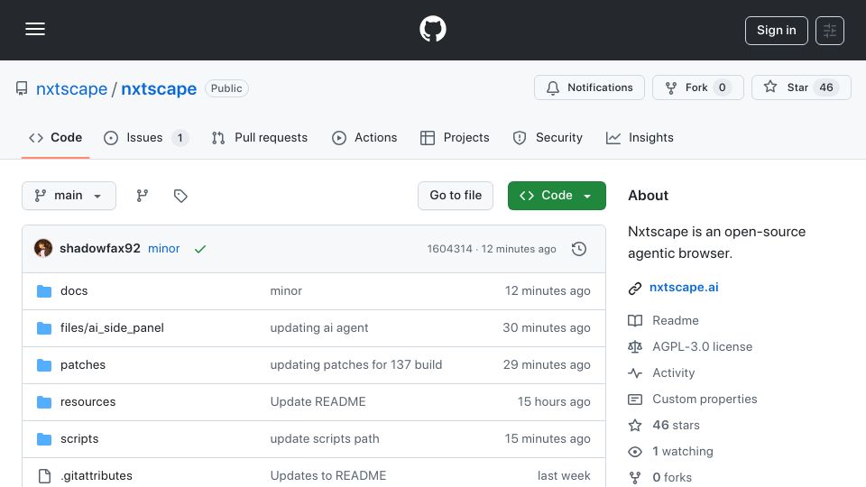 Screenshot of github.com: Show HN: Nxtscape – an open-source agentic browser