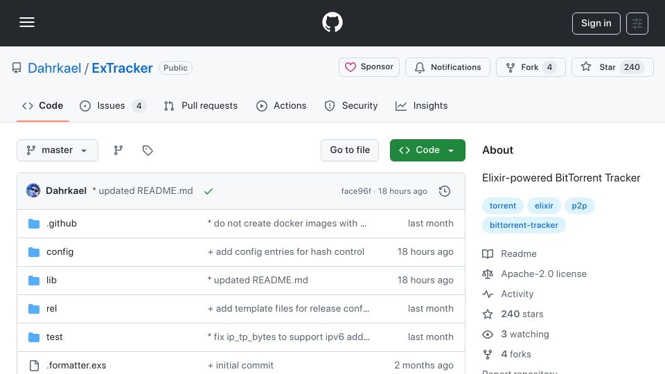 Screenshot of github.com: Show HN: I wrote a new BitTorrent tracker in Elixir