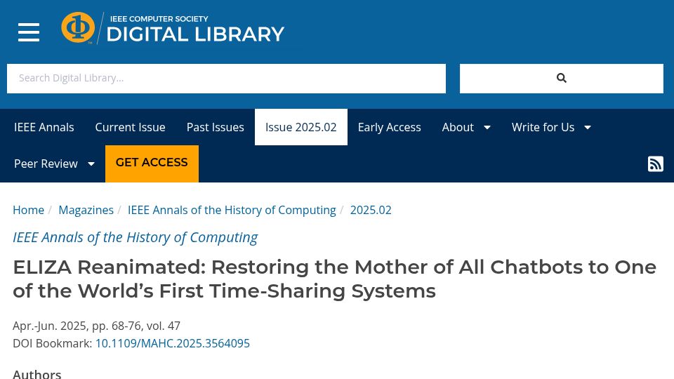Screenshot of computer.org: ELIZA Reanimated: Restoring the Mother of All Chatbots