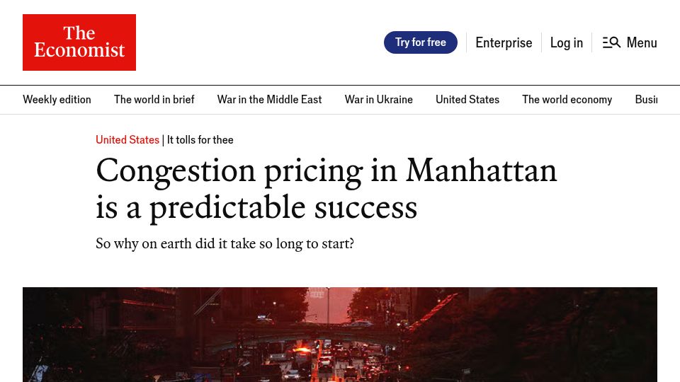 Screenshot of economist.com: Congestion pricing in Manhattan is a predictable success