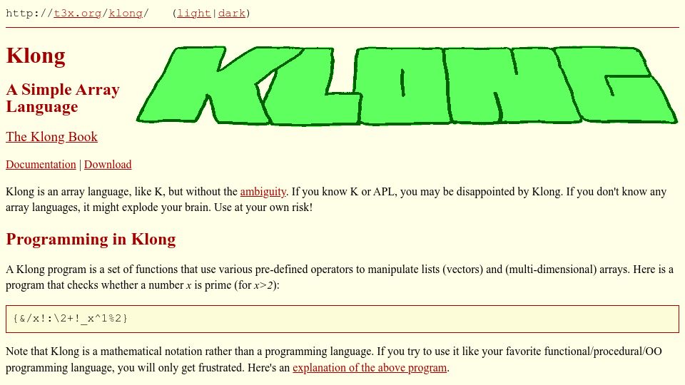 Screenshot of t3x.org: Klong: A Simple Array Language