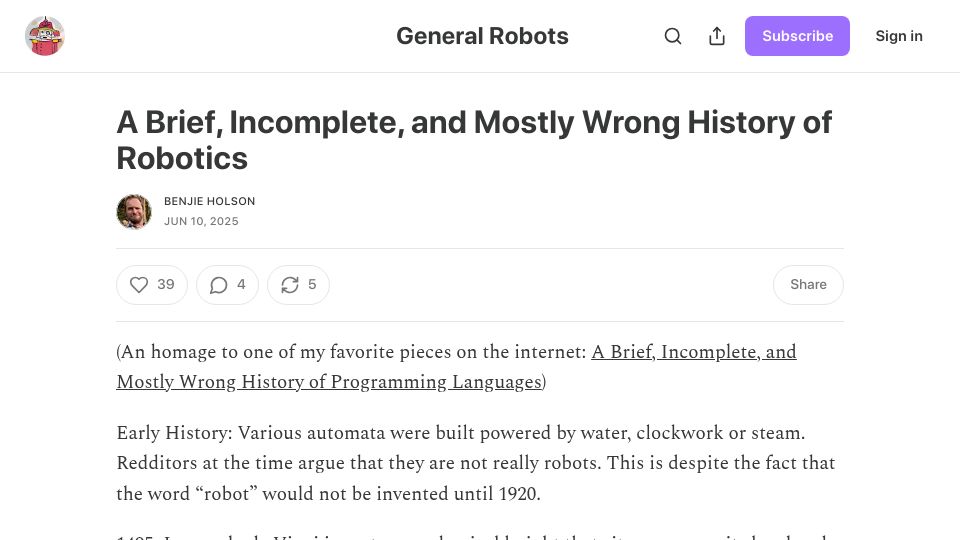 Screenshot of generalrobots.substack.com: A brief, incomplete, and mostly wrong history of robotics