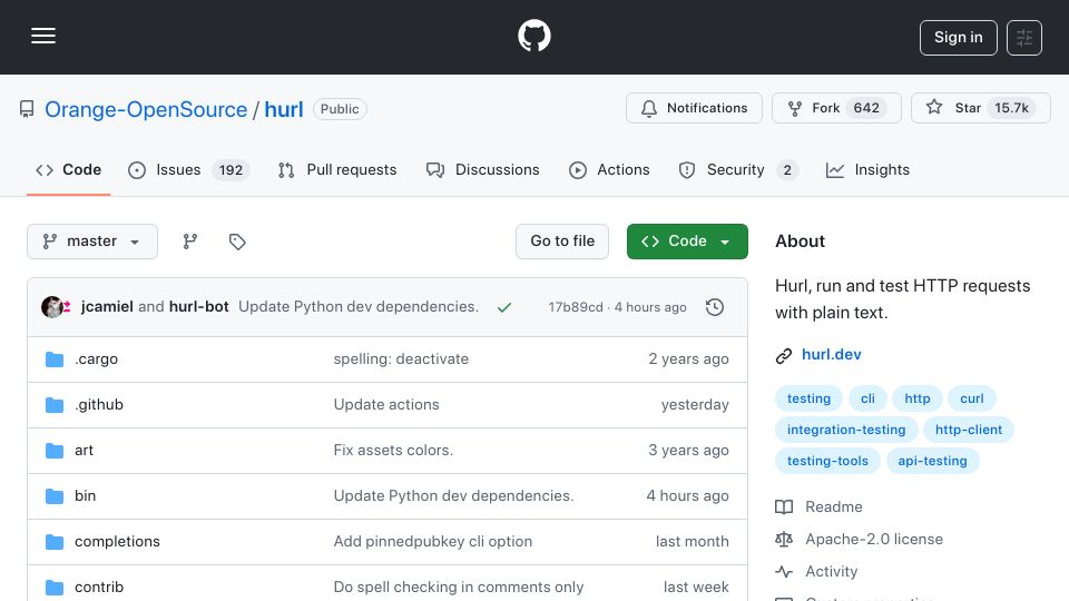 Screenshot of github.com: Hurl: Run and test HTTP requests with plain text