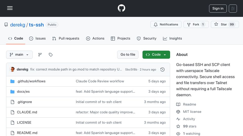 Screenshot of github.com: Show HN: Ts-SSH – SSH over Tailscale without running the daemon