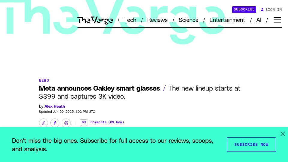 Screenshot of theverge.com: Meta announces Oakley smart glasses