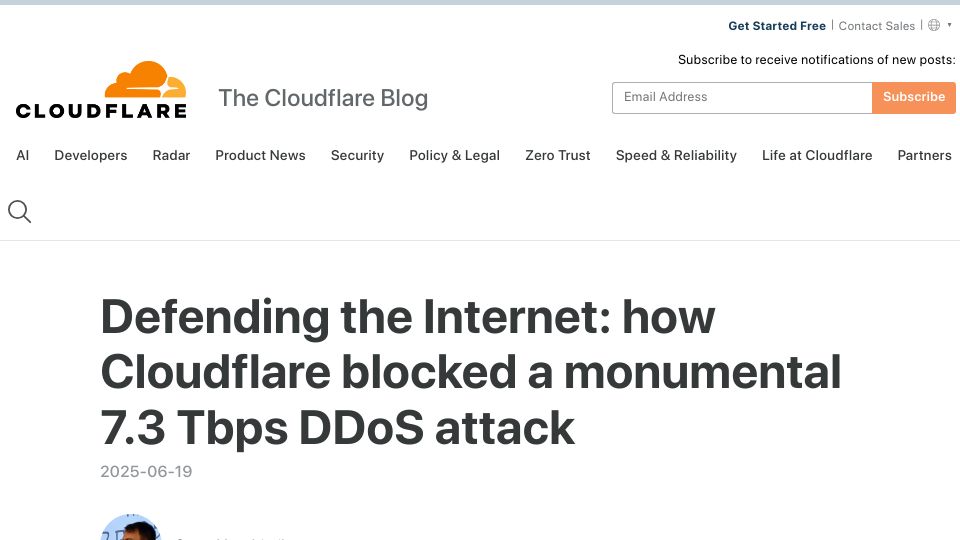Screenshot of blog.cloudflare.com: How Cloudflare blocked a monumental 7.3 Tbps DDoS attack