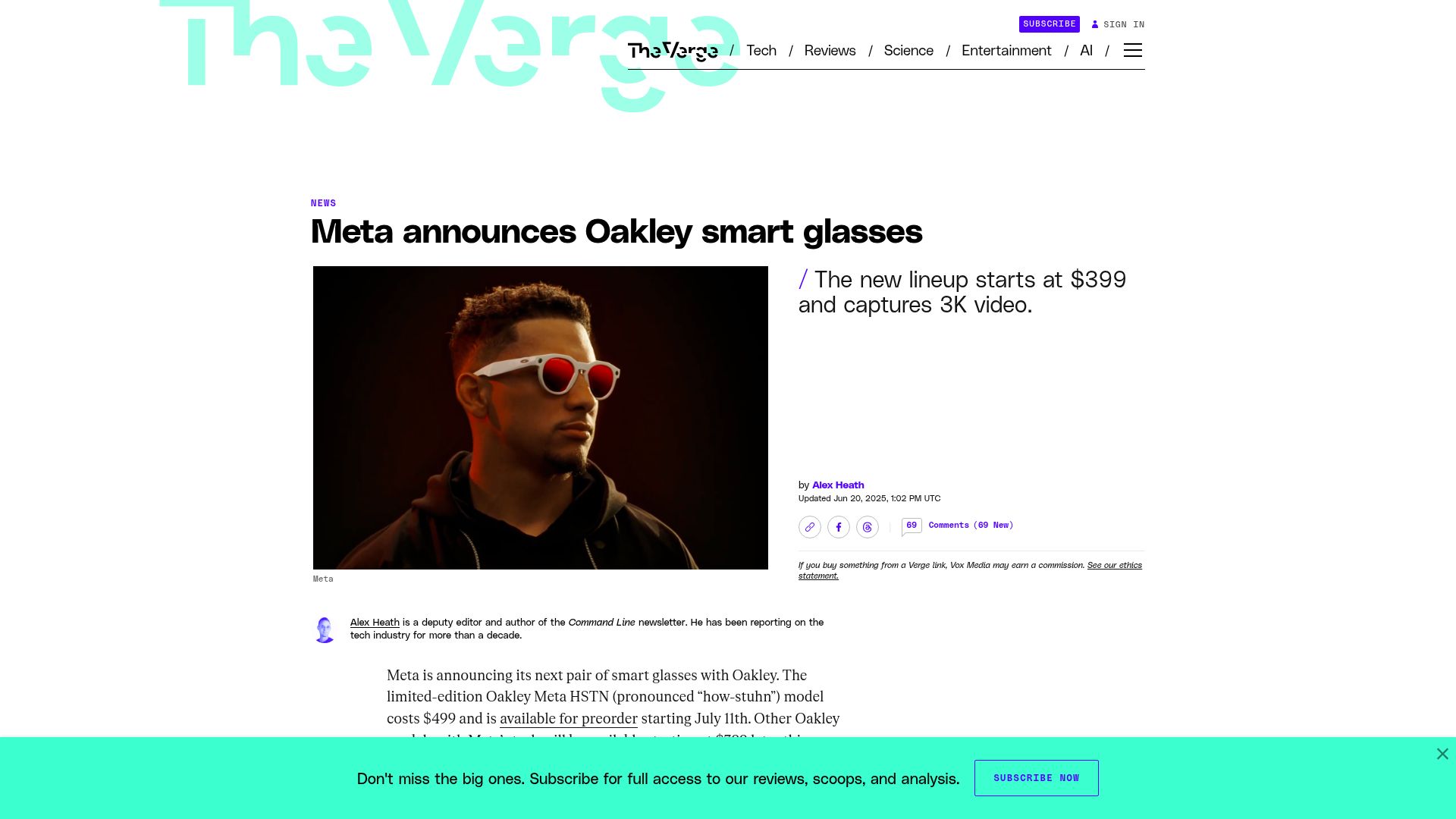 Screenshot of theverge.com: Meta announces Oakley smart glasses