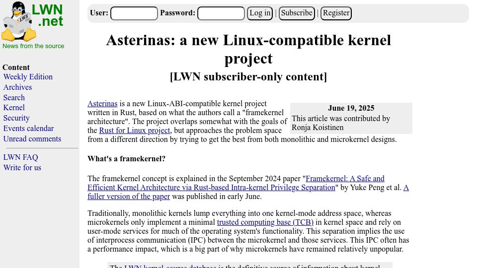 Screenshot of lwn.net: Asterinas: A new Linux-compatible kernel project