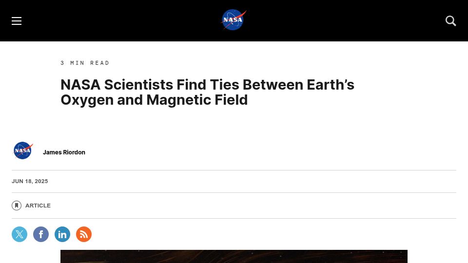 Screenshot of science.nasa.gov: NASA Scientists Find Ties Between Earth's Oxygen and Magnetic Field