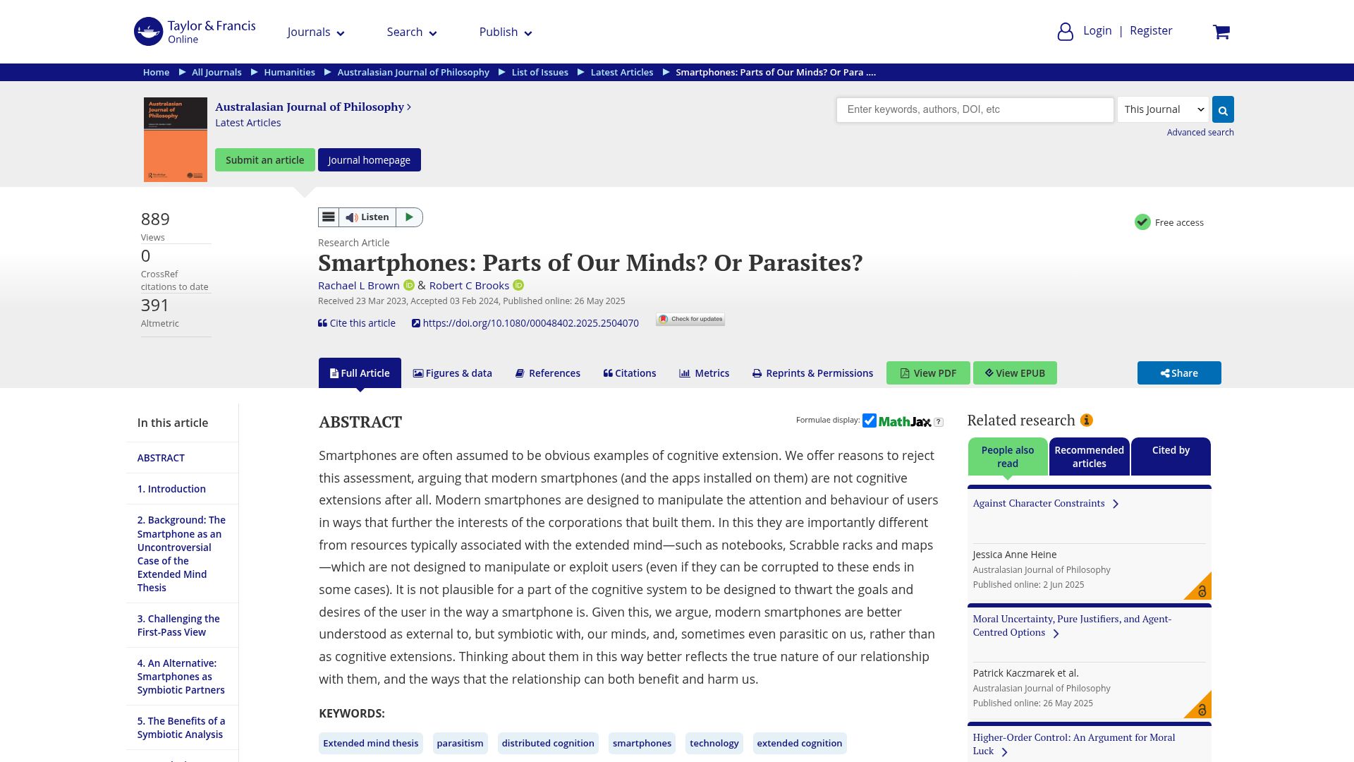 Screenshot of tandfonline.com: Smartphones: Parts of Our Minds? Or Parasites?