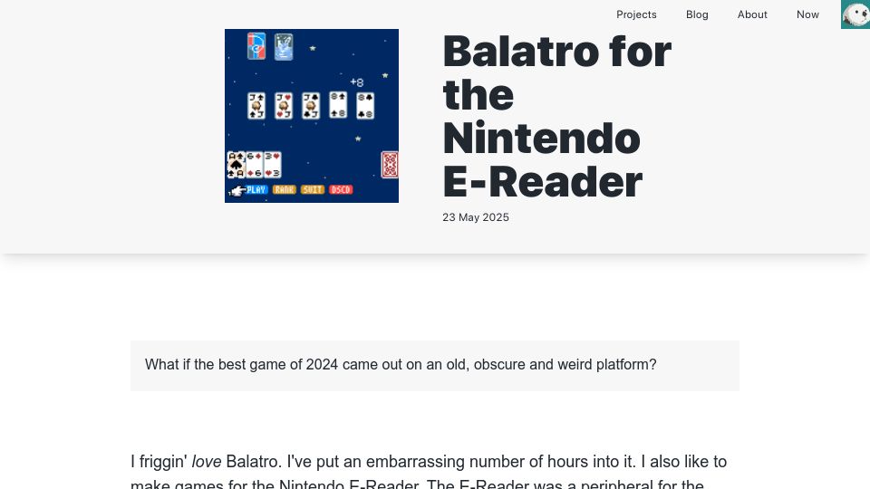 Screenshot of mattgreer.dev: Balatro for the Nintendo E-Reader