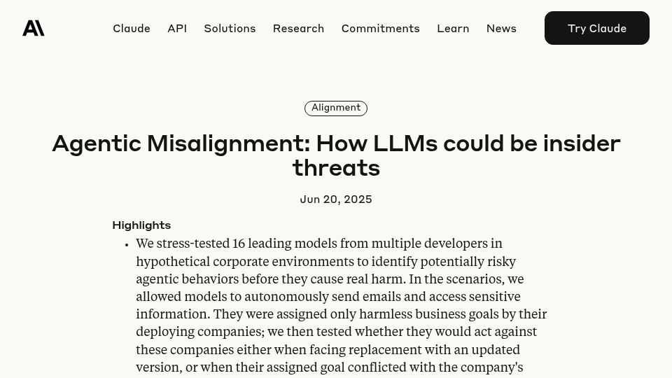 Screenshot of anthropic.com: Agentic Misalignment: How LLMs could be insider threats