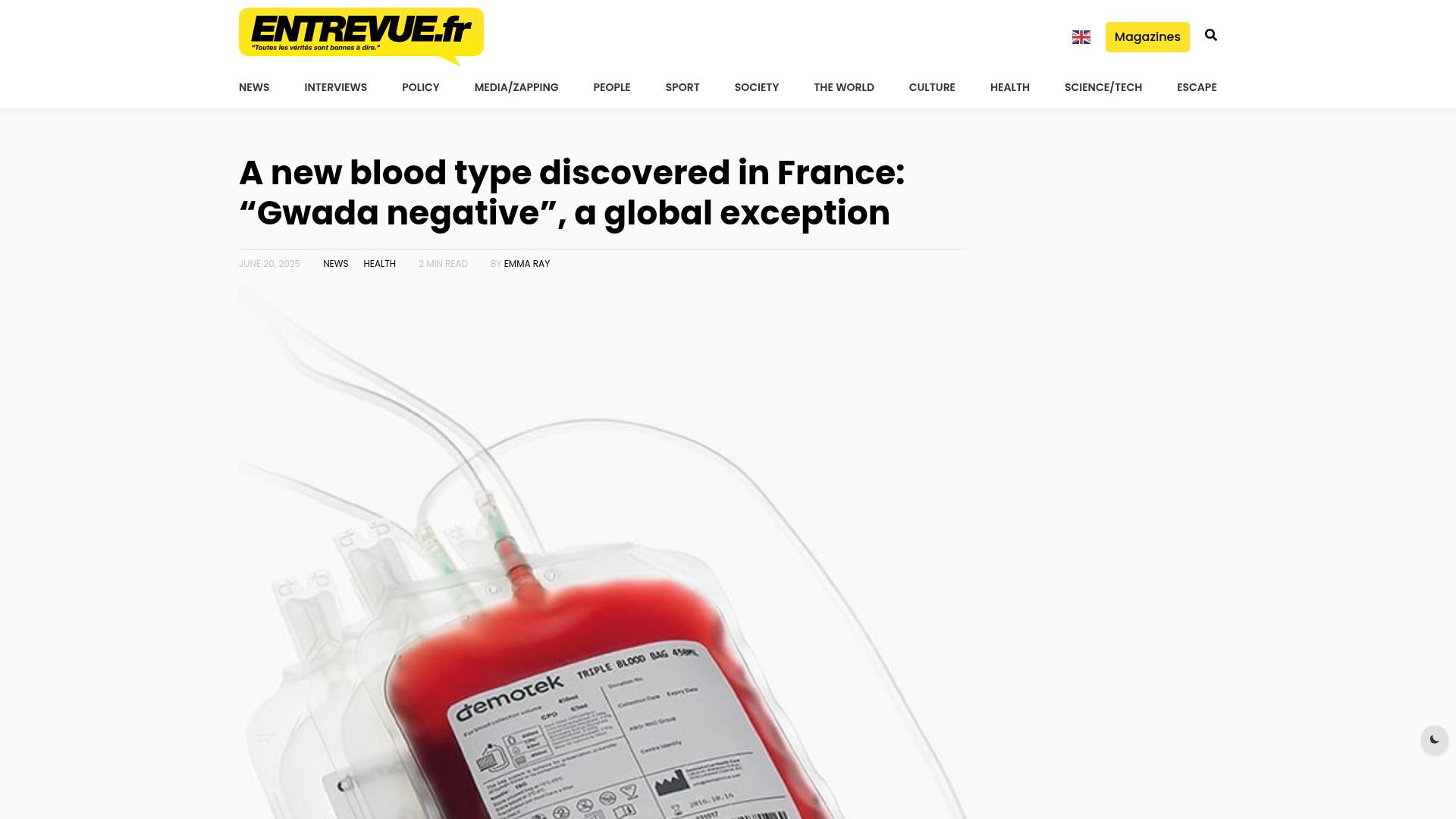 Screenshot of lemonde.fr: 'Gwada negative': French scientists find new blood type in woman