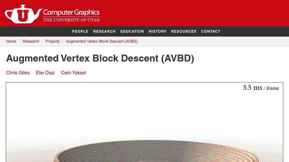 Screenshot of graphics.cs.utah.edu: Augmented Vertex Block Descent (AVBD)