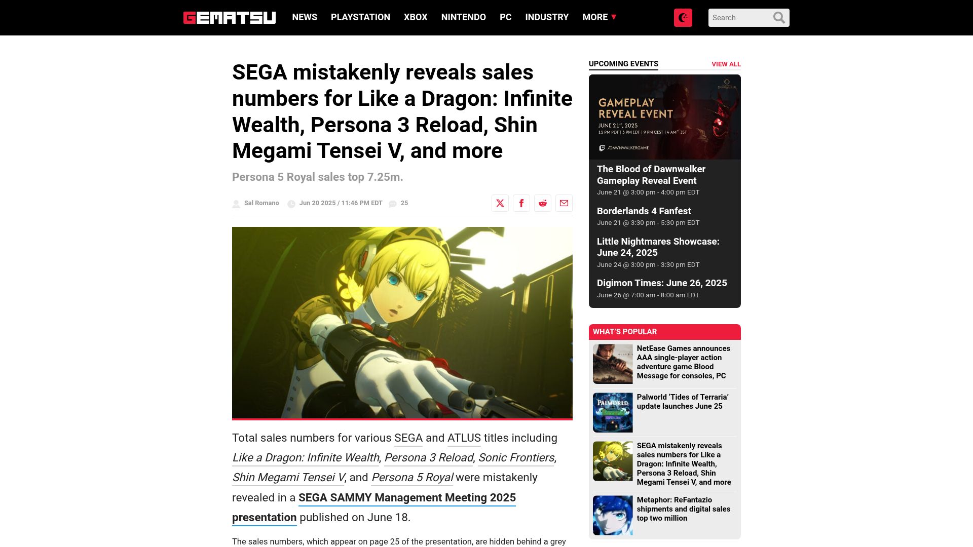 Screenshot of gematsu.com: Sega mistakenly reveals sales numbers of popular games