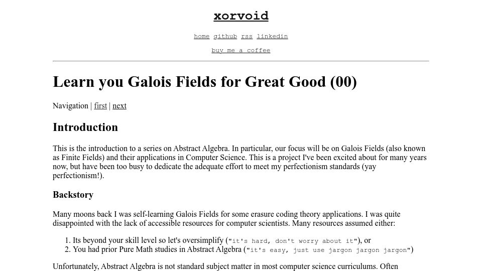 Screenshot of xorvoid.com: Learn you Galois fields for great good (2023)