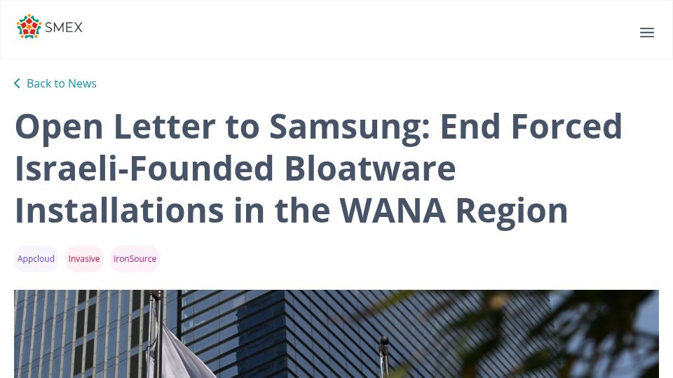 Screenshot of smex.org: Samsung embeds IronSource spyware app on phones across WANA
