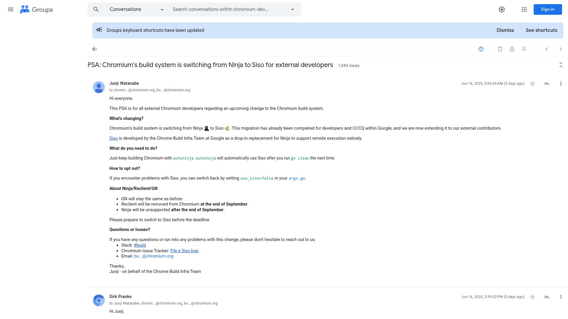 Screenshot of groups.google.com: Chromium Switching from Ninja to Siso