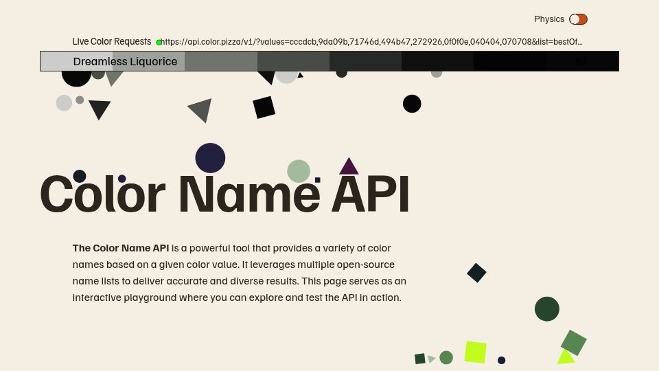 Screenshot of meodai.github.io: Show HN: A color name API that maps hex to the closest human-readable name